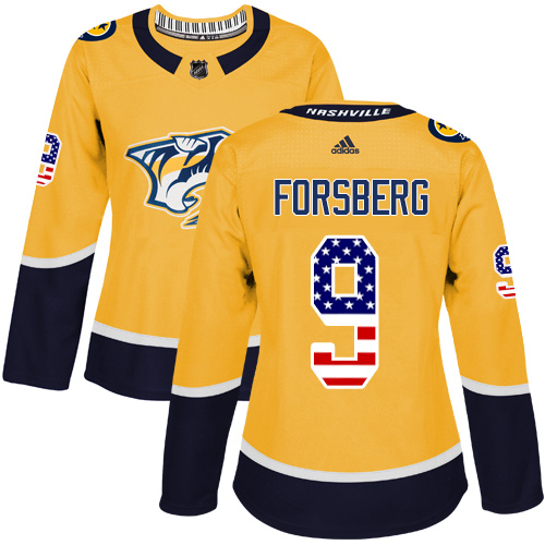 Adidas Predators #9 Filip Forsberg Yellow Home Authentic USA Flag Women's Stitched NHL Jersey - Click Image to Close